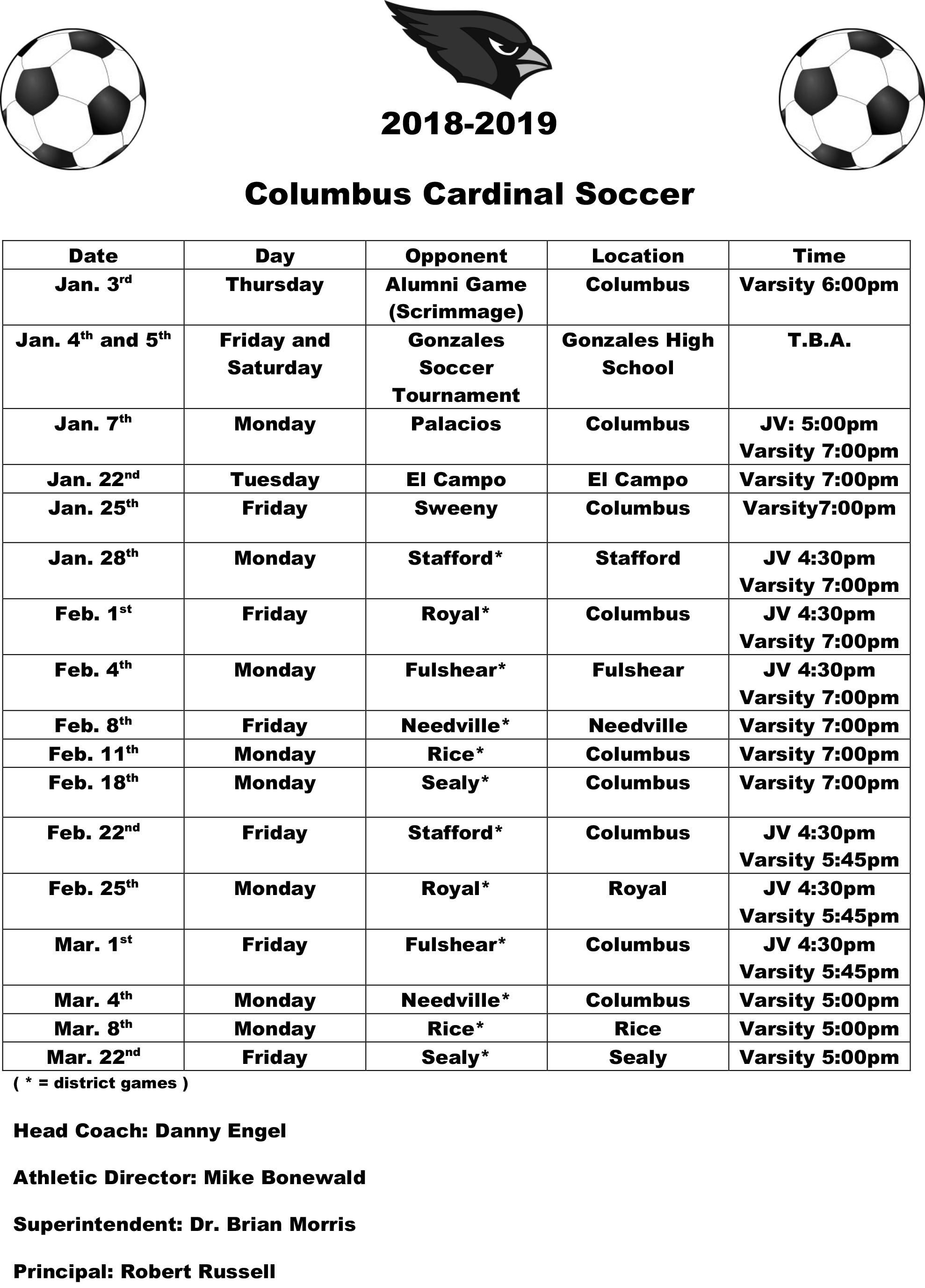2018-2019 Columbus Boys Soccer Schedule