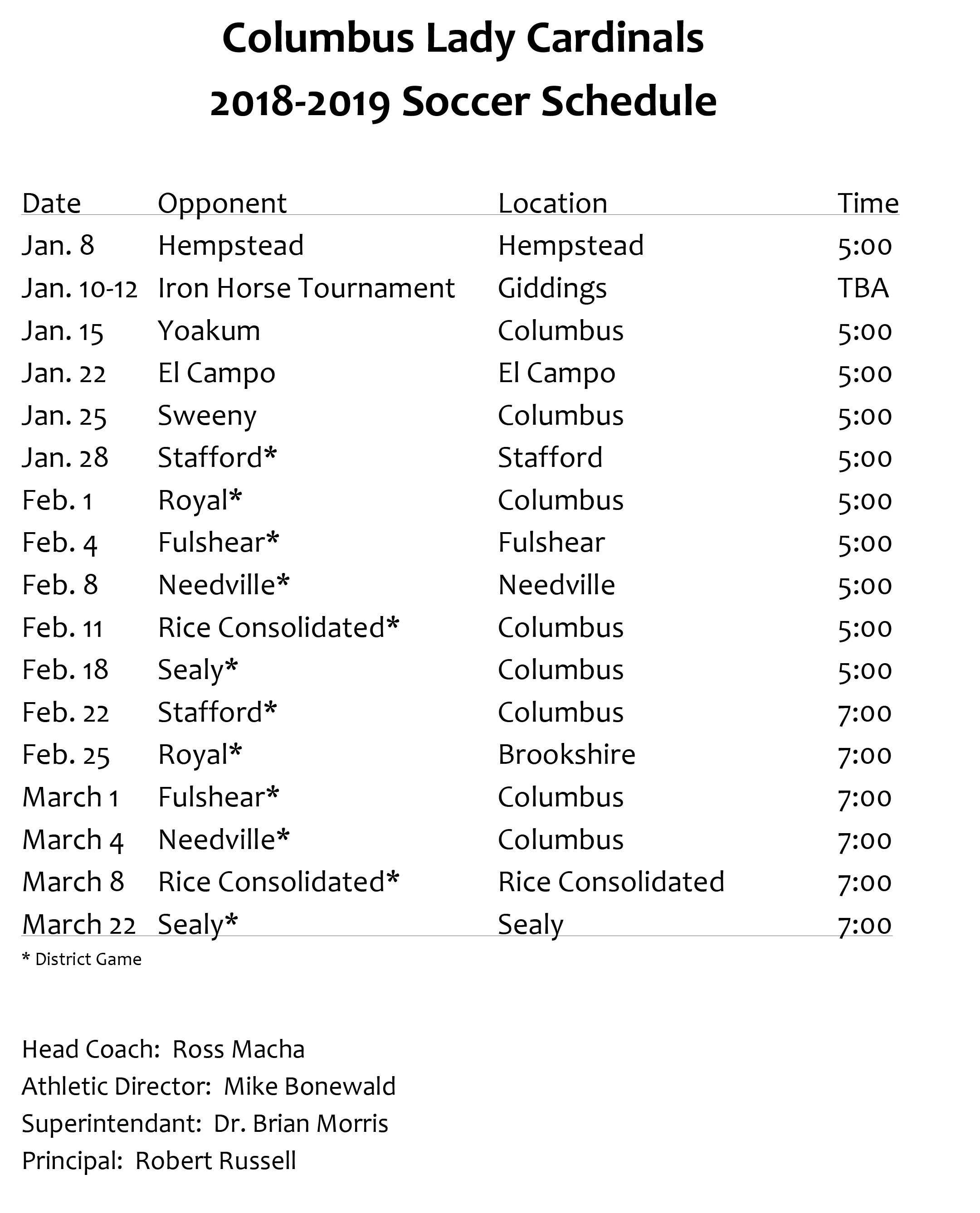 2018-2019 Columbus Girls Soccer Schedule