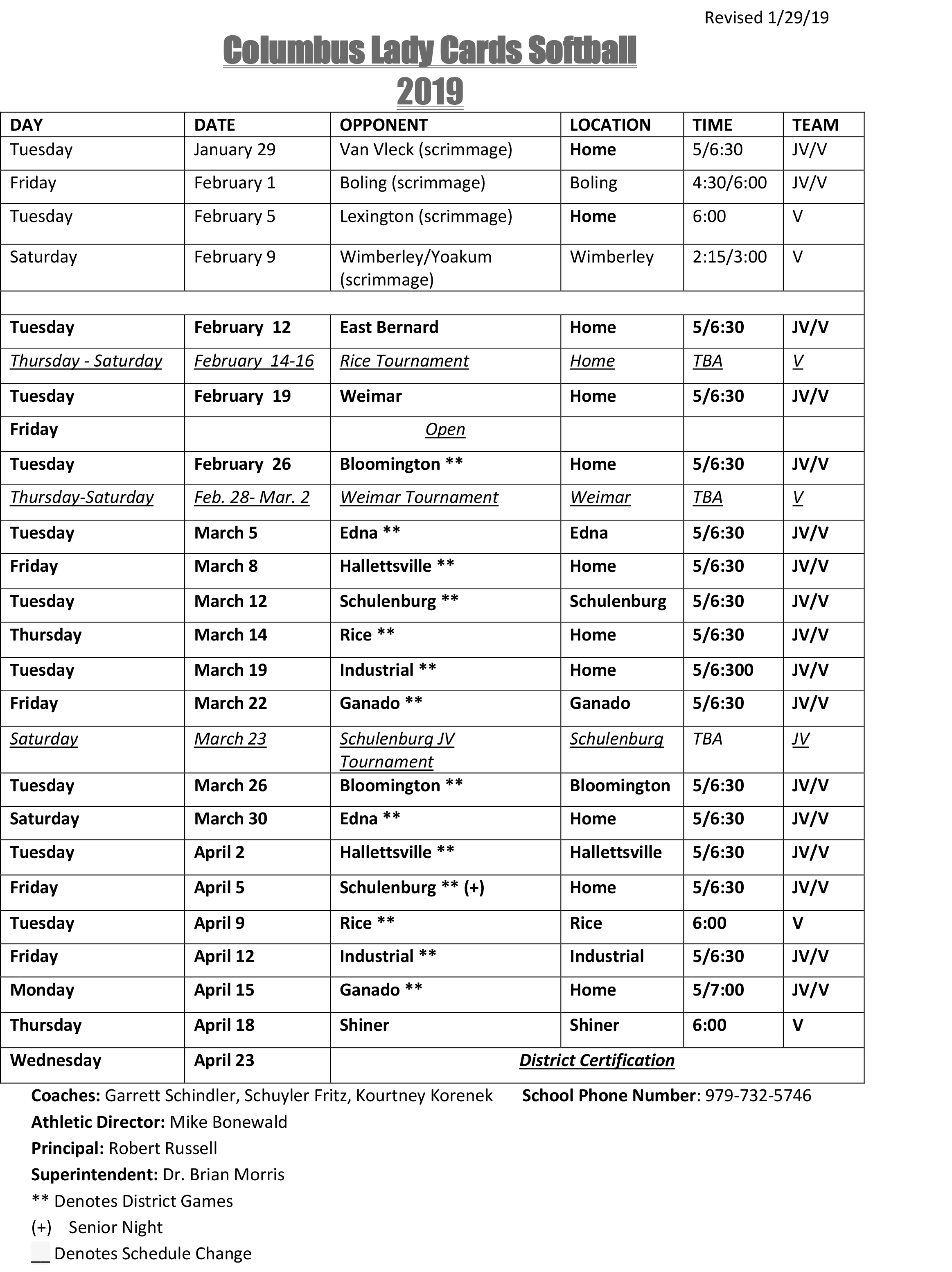 2019 Columbus Softball Schedule
