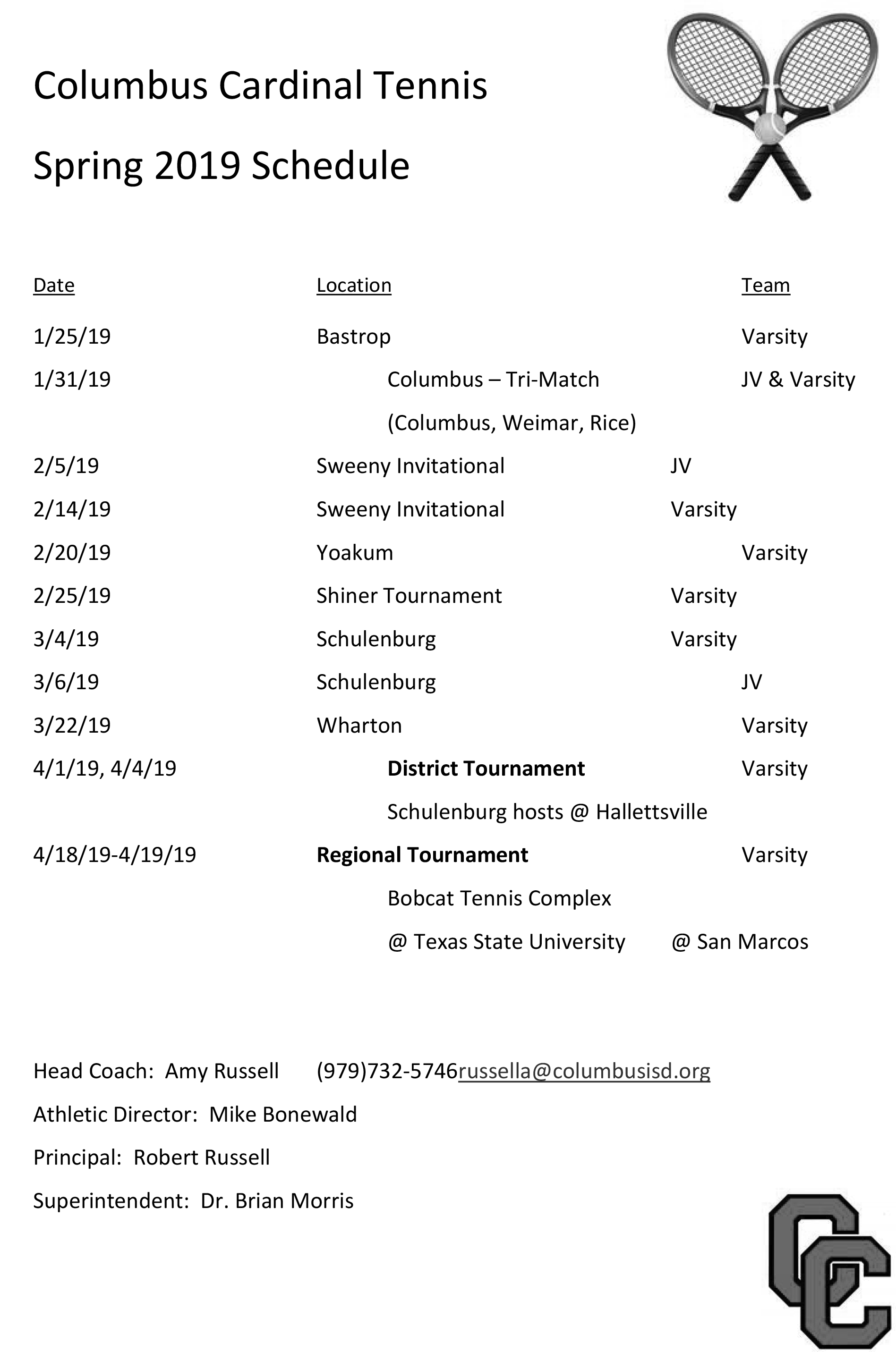 2019 Columbus Tennis Schedule