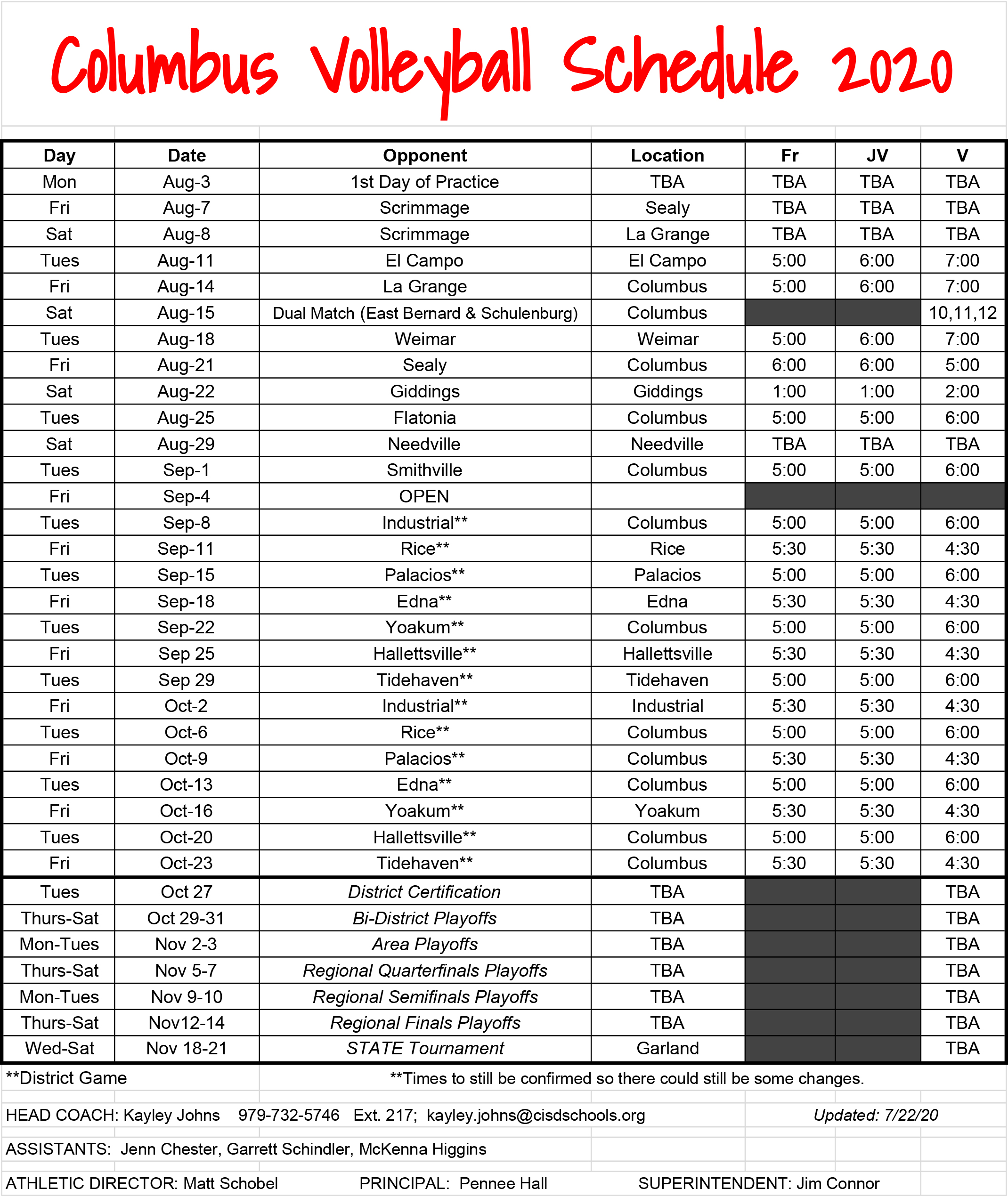 Columbus Volleyball Schedule 2020